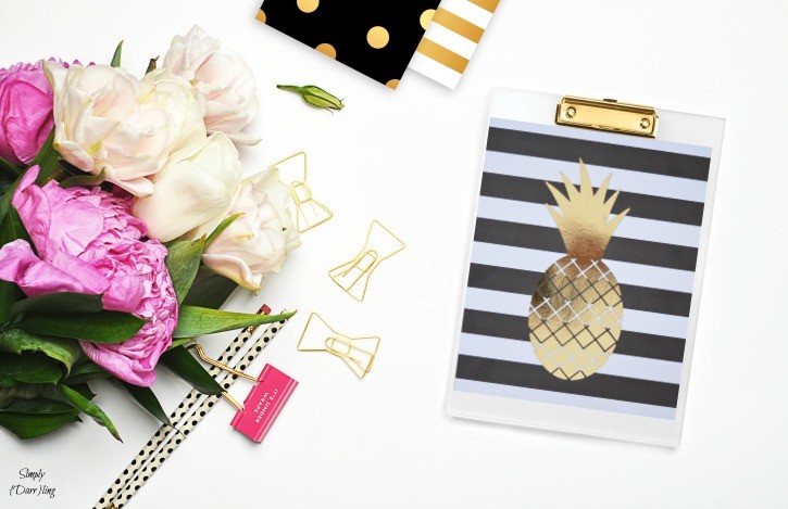 DIY Gold Foil Pineapple Print on a Black and White Striped background. A fun and easy tutorial. 