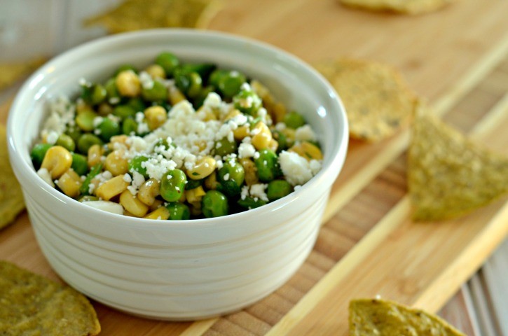 Football chip dip recipe featuring corn and peas