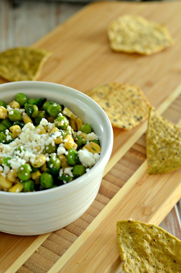 Football chip dip recipe featuring corn and peas