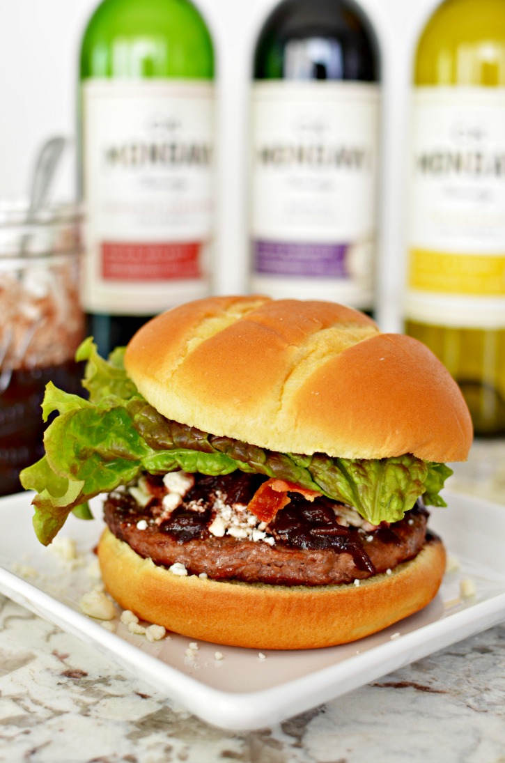 Burger with Red Wine & Date compote, bacon, and feta cheese
