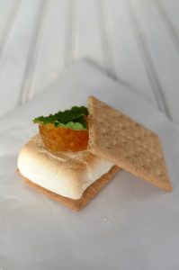 Gourmet s'more with orange marmalade and mint