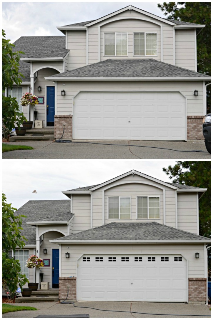 Before and after of faux garage door windows