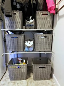 Wire Shelves and Baskets in a Small Laundry Room