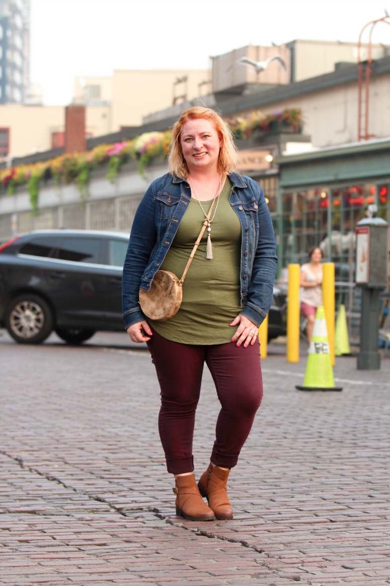 Fall Outfit with Maroon Jeans and Brown Booties