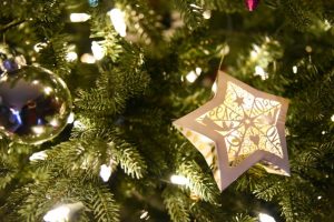 Ornaments on a fake Christmas tree