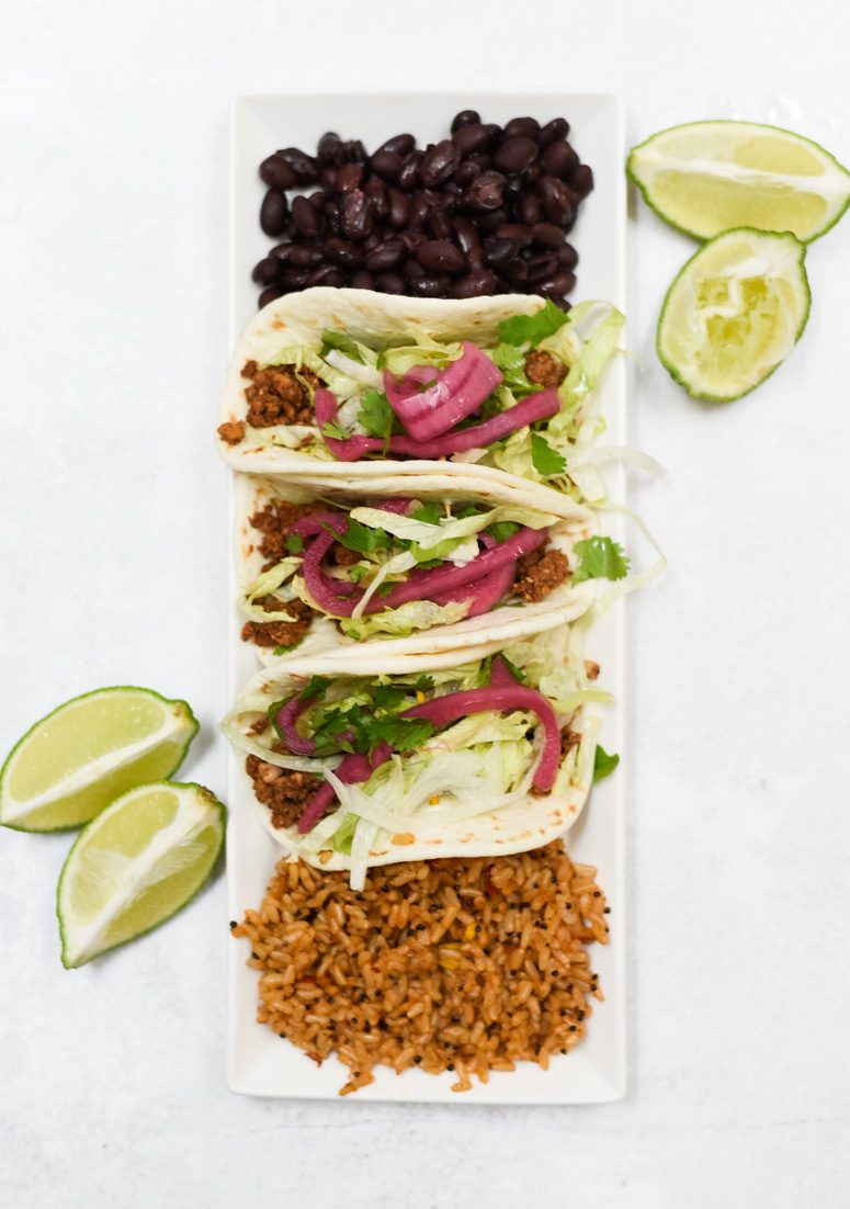 Ground Cauliflower Tacos with Rice and Beans