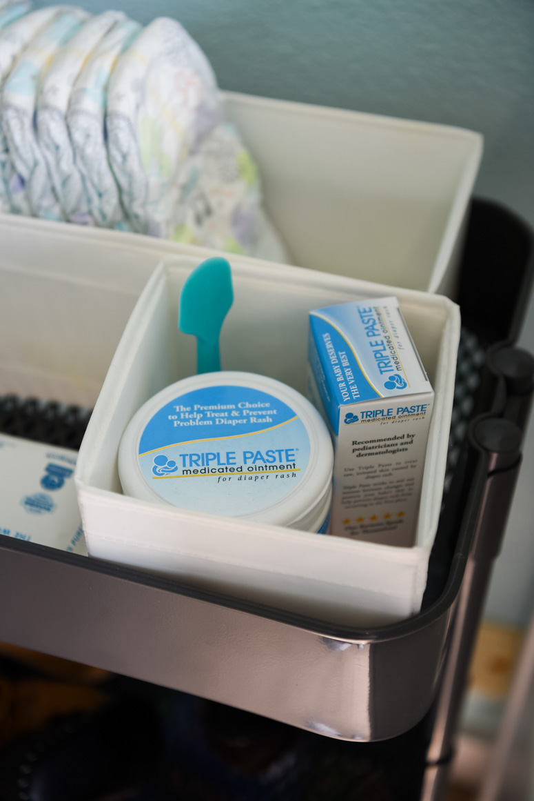 Jar of triple paste diaper cream in organizational bins