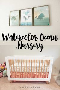 "Watercolor Ocean Nursery" text over image of crib and art prints
