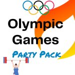 "Olympic Games Party Pack" featuring clipart of weight lifter, the olympic rings, and a flame