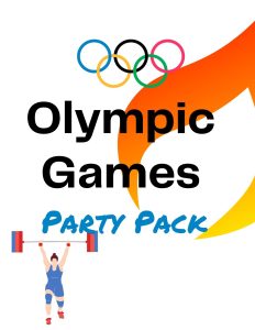 "Olympic Games Party Pack" featuring clipart of weight lifter, the olympic rings, and a flame