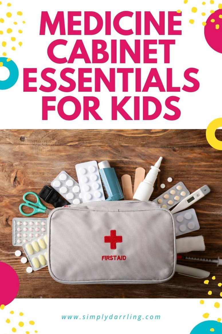 Text of "medicine cabinet essentials for kids" over an image of first aid kit
