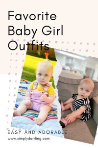 two photos of a baby girl, one in pink overalls and other in a navy dress